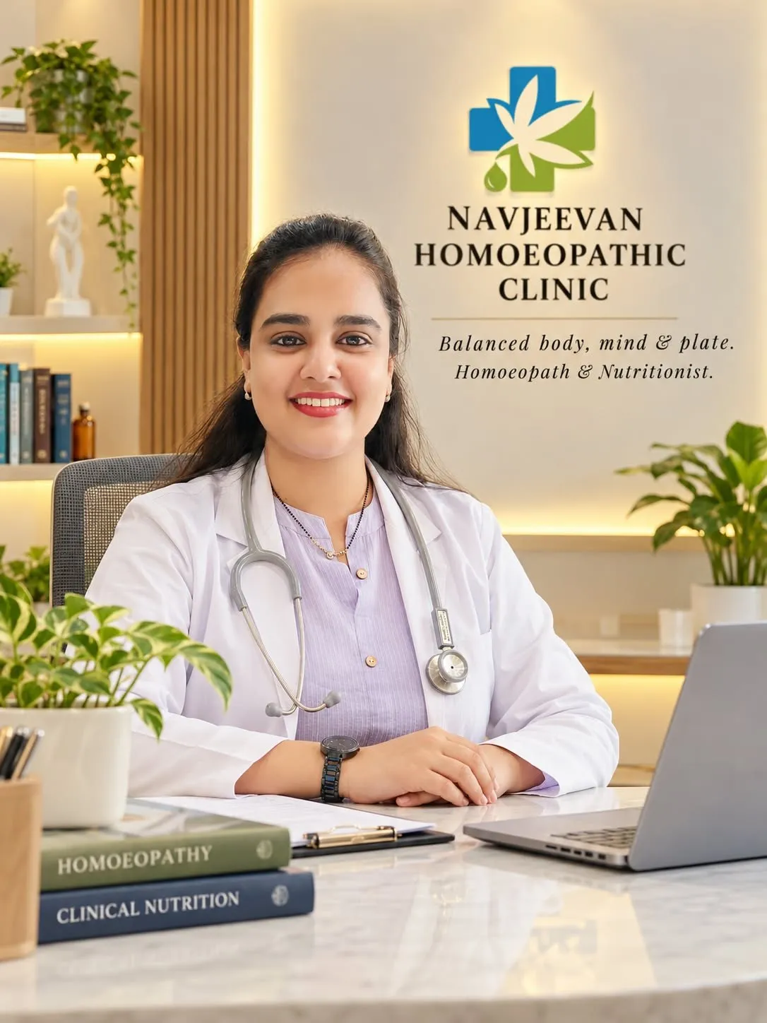 Dr. Ritika Ukawat at her desk in the clinic, in a white coat with a stethoscope, the Navjeevan sign on the wall behind her.