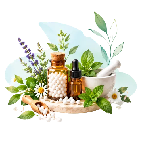 An amber jar of white globules, a dropper bottle and a white mortar and pestle among lavender, chamomile and mint, with a wooden scoop spilling globules.
