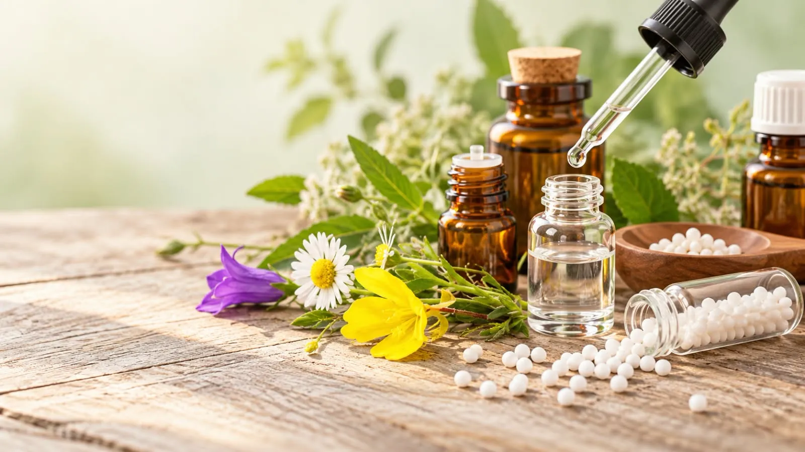 Amber remedy bottles and a clear vial on weathered wood under a glass dropper, with fresh herbs, wildflowers, a wooden bowl of white globules and more globules spilling from a tipped glass vial.