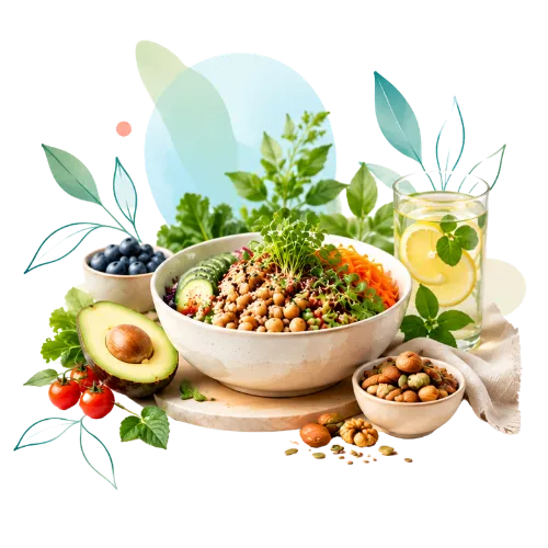 A bowl of chickpeas, greens and microgreens beside half an avocado, cherry tomatoes, blueberries, a small bowl of nuts and a glass of lemon water.